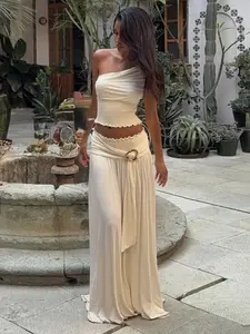 kliou Elegant High Street Women 2 Piece Set Chic Pleated Trim Incline Shoulder Tanks+Buckle Ribbons Maxi Skirts Female Outfits