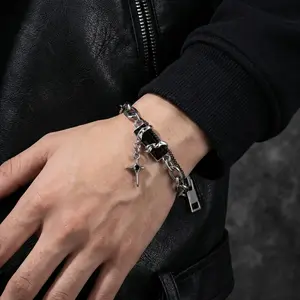 Punk Style Cross Bracelet, Cyber Y2K Silver Tone Chain with Black Stone - Vintage Aesthetic Jewelry for Women Men