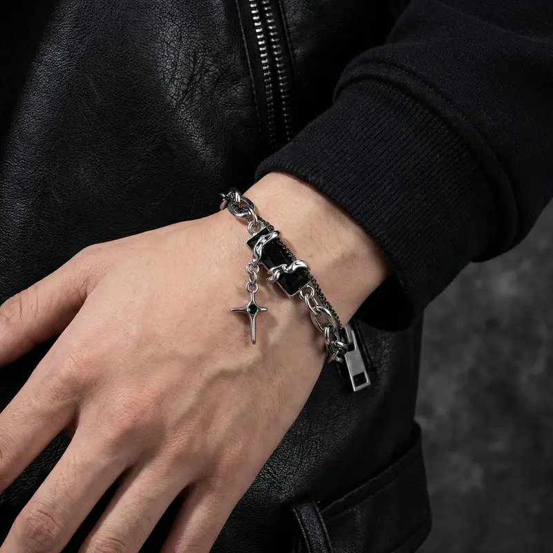 Unisex Punk Style Metal Cross Charm Bracelet - Silver-Tone Chain with Black Stone, Vintage Costume Jewelry, Emo Bracelets, Men's Jewelry, Accessories Adults