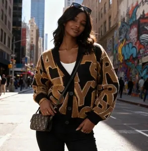 Sweater - Casual Oversized Knitwear with Letter Pattern, Long Sleeve, Fitted Style, Suitable for Fall