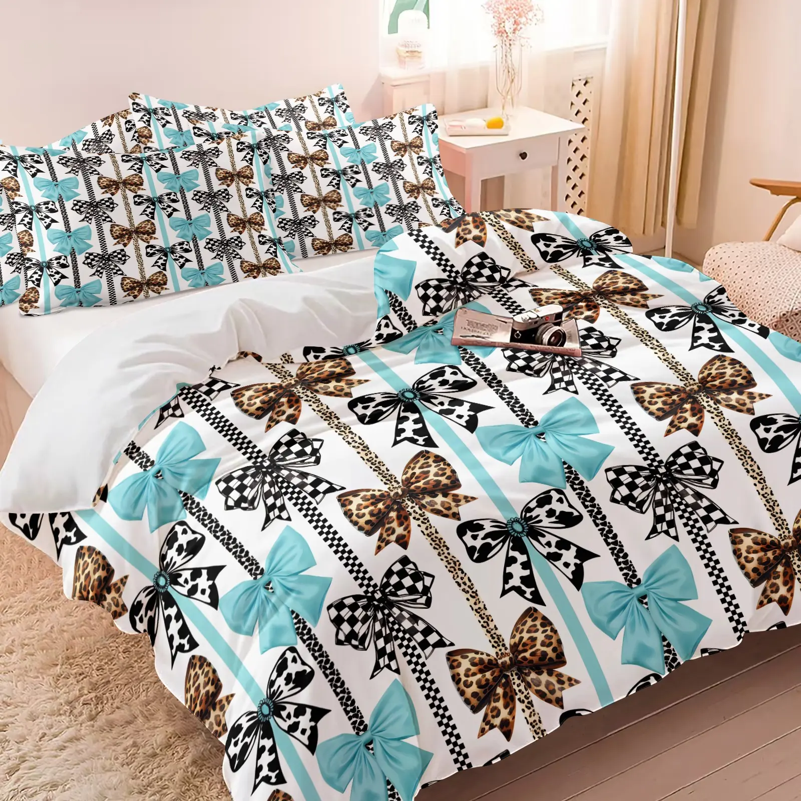 Coquette Bow Bedding Set, 1 Duvet Cover + 1/2 Pillowcases, No Filling, HD All Season Print, Soft Cozy Breathable Bedding, Turquoise & Leopard Print Bow Pattern for Girls Bedroom & Dorm Decor, Easy to Clean