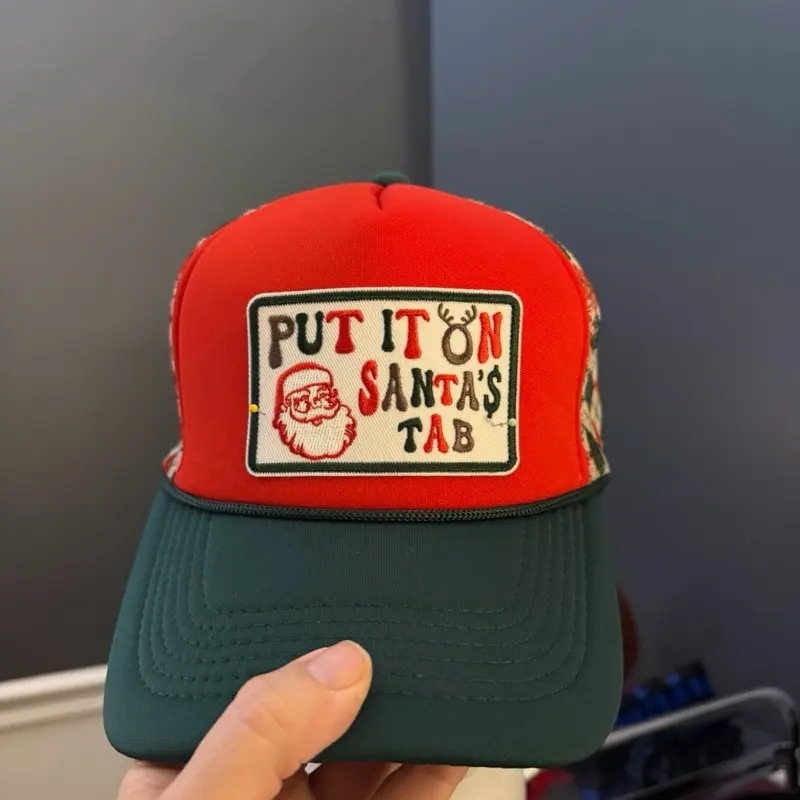 Christmas Trucker Hats with "Put It On Santa's Tab" Design Red and Green Baseball Cap for Festive Season