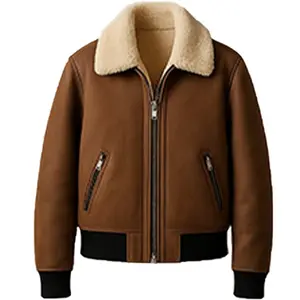 Men’s Brown Shearling Leather Bomber Jacket – Classic Aviator Winter Coat