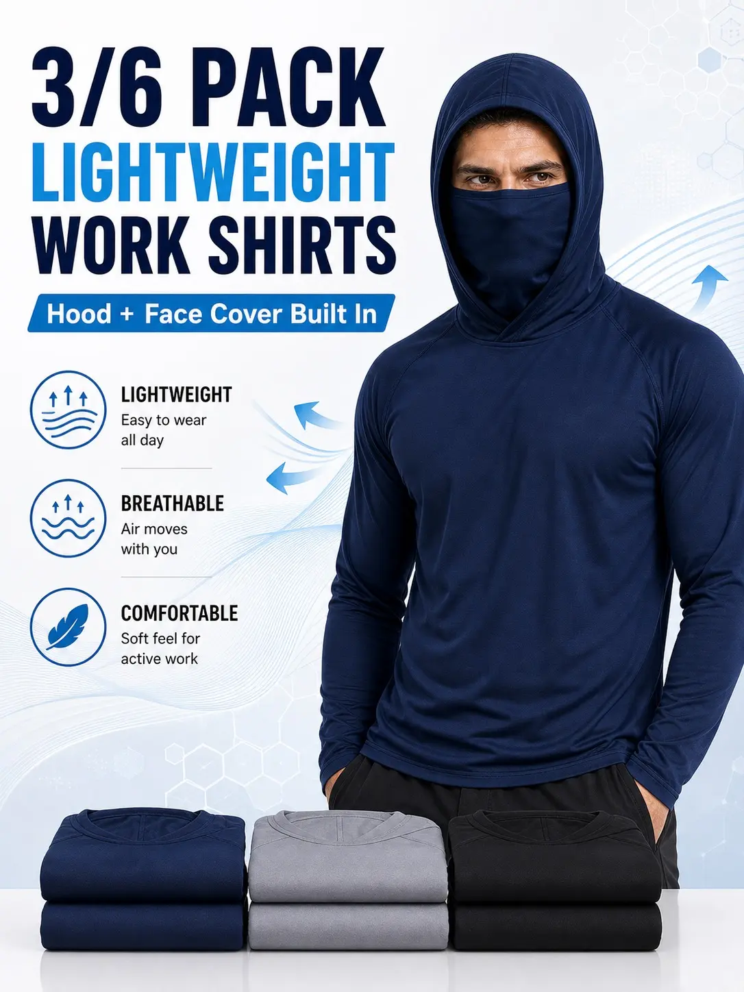 Men’s 6-Pack Lightweight Hooded Work Shirts, Breathable Quick-Dry Long-Sleeve Performance Tops with Built-in Face Cover for Outdoor Work, Fishing, Landscaping