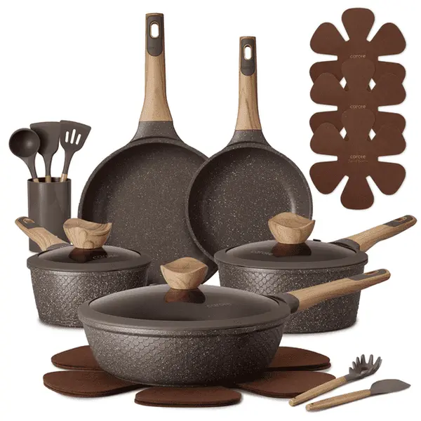 18-Piece Nonstick Pots and Pans, Granite Cookware Set with Kitchen Utensils, Brown