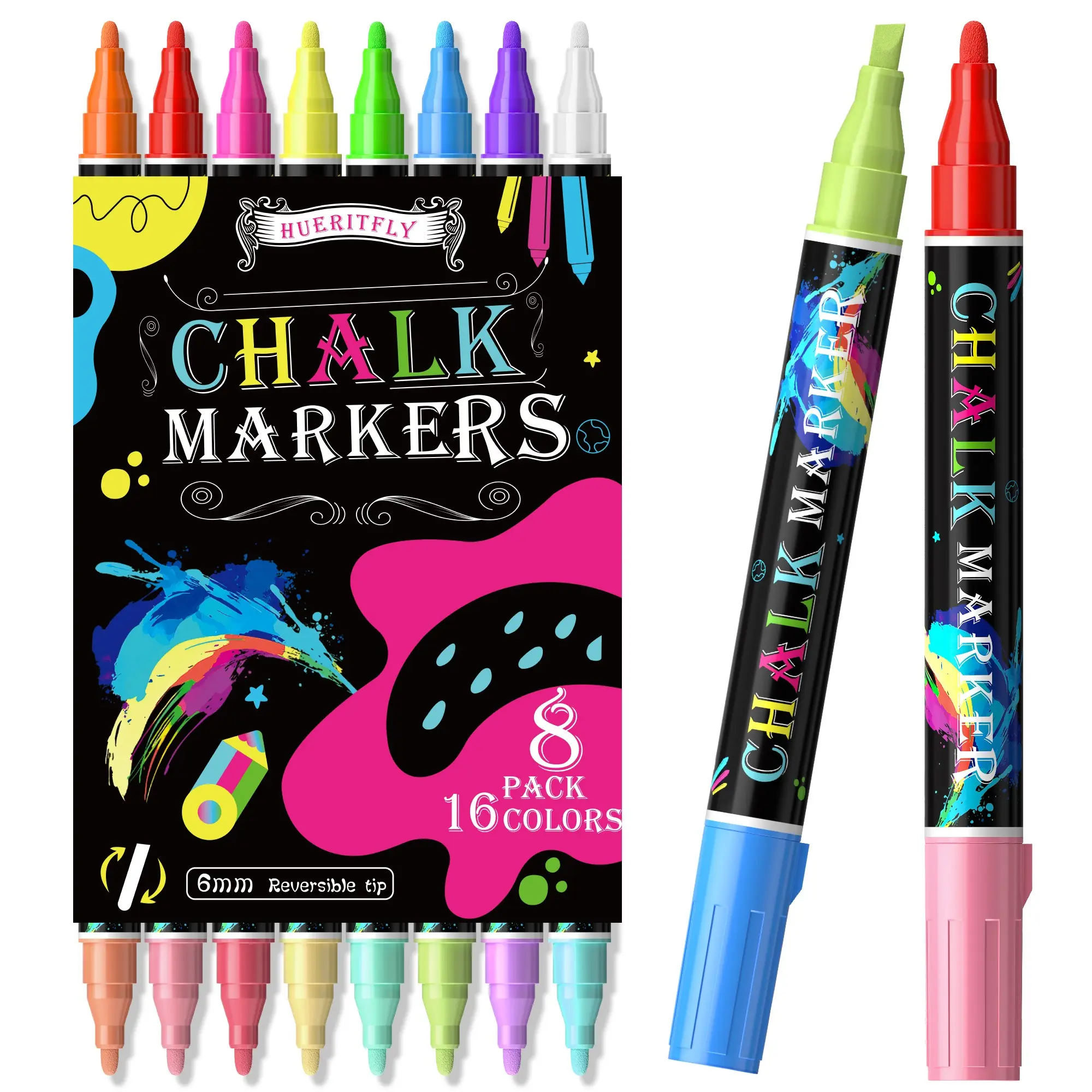 16 Colors 8-Pack Erasable Liquid Chalk Pens, Art Markers Set, Dual-Ended for Blackboard, Window, Glass, Menu, Planner, Perfect for Back-To-School Messages