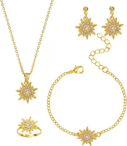 Christmas Snowflake Earring Necklace Ring Bracelet Set for Women Gold Silver Rose Gold Snowflake Design Jewelry Sets Sparkling Crystal Inlay Perfect for Winter Celebrations Gifs