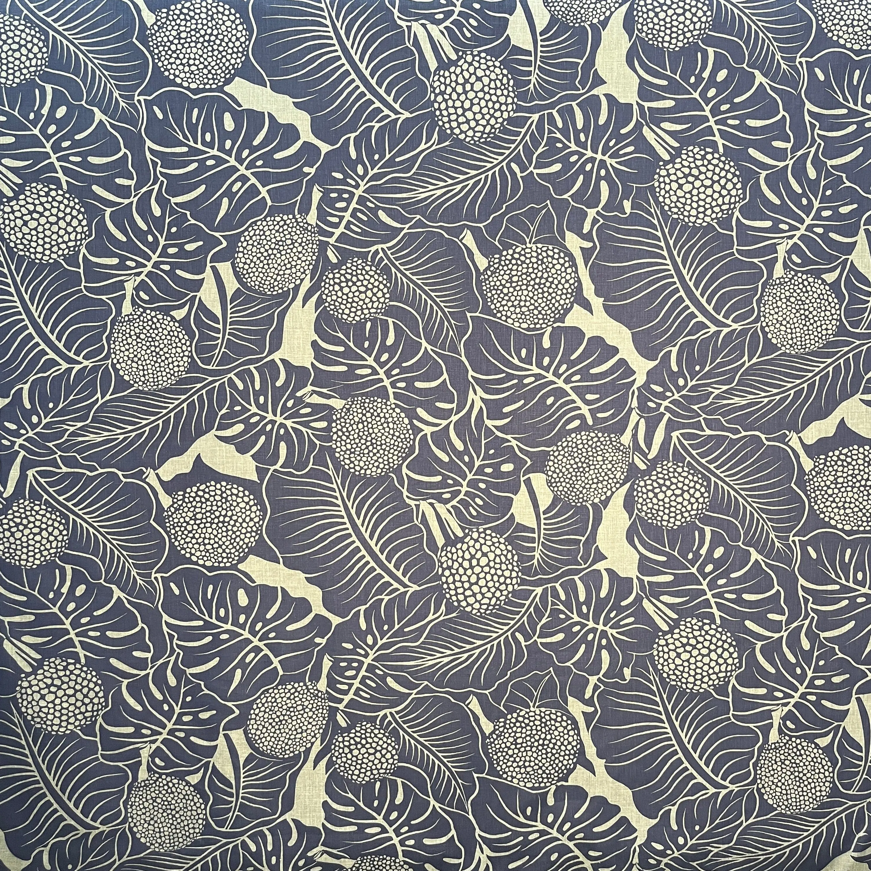Cotton Chambray (Denim-Look) Fabric with Durian, Banana, Monstera Leaves Prints | Islands Textile Fabric, Cotton Fabric