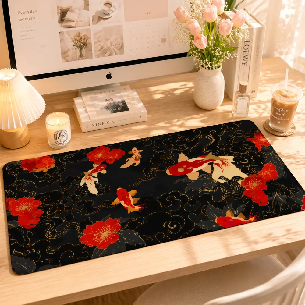 Gaming Extended Mouse Pad, Japanese Koi Fish & Red Flowers Clouds Traditional East Asian Ink Painting Design, Natural Rubber, Fabric Top, Large Area Rectangular Desk Mat with Durable Stitched Edges (12 × 24 In/30×60 cm, 16×32 in) for Desk Setup