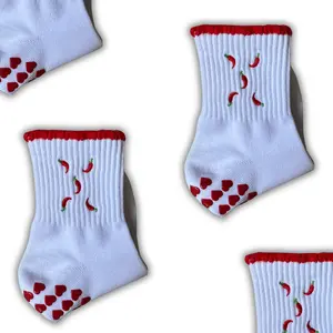white and red chili pepper embroidered non slip grip sock with red heart grips for Pilates, Barre, Yoga or Lagree