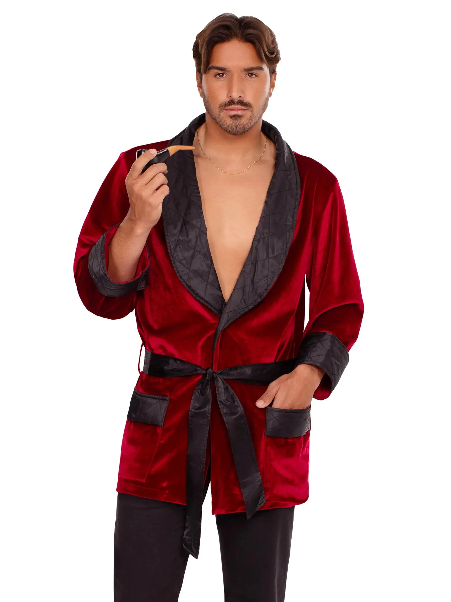 Leg Avenue Men's Bachelor Costume, Deluxe Red Velvet Smoking Jacket with Quilted Satin Collar, 3-Piece Set with Belt & Pipe for Halloween Parties, Smooth, Vibe