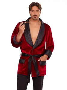 Leg Avenue Men's Bachelor Costume, Deluxe Red Velvet Smoking Jacket with Quilted Satin Collar, 3-Piece Set with Belt & Pipe for Halloween Parties, Smooth, Vibe