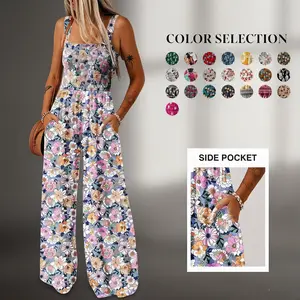 Women's Casual Loose Overalls Jumpsuits One Piece Sleeveless Printed Wide Leg Long Pant Rompers With Pockets Bohemian Womenswear