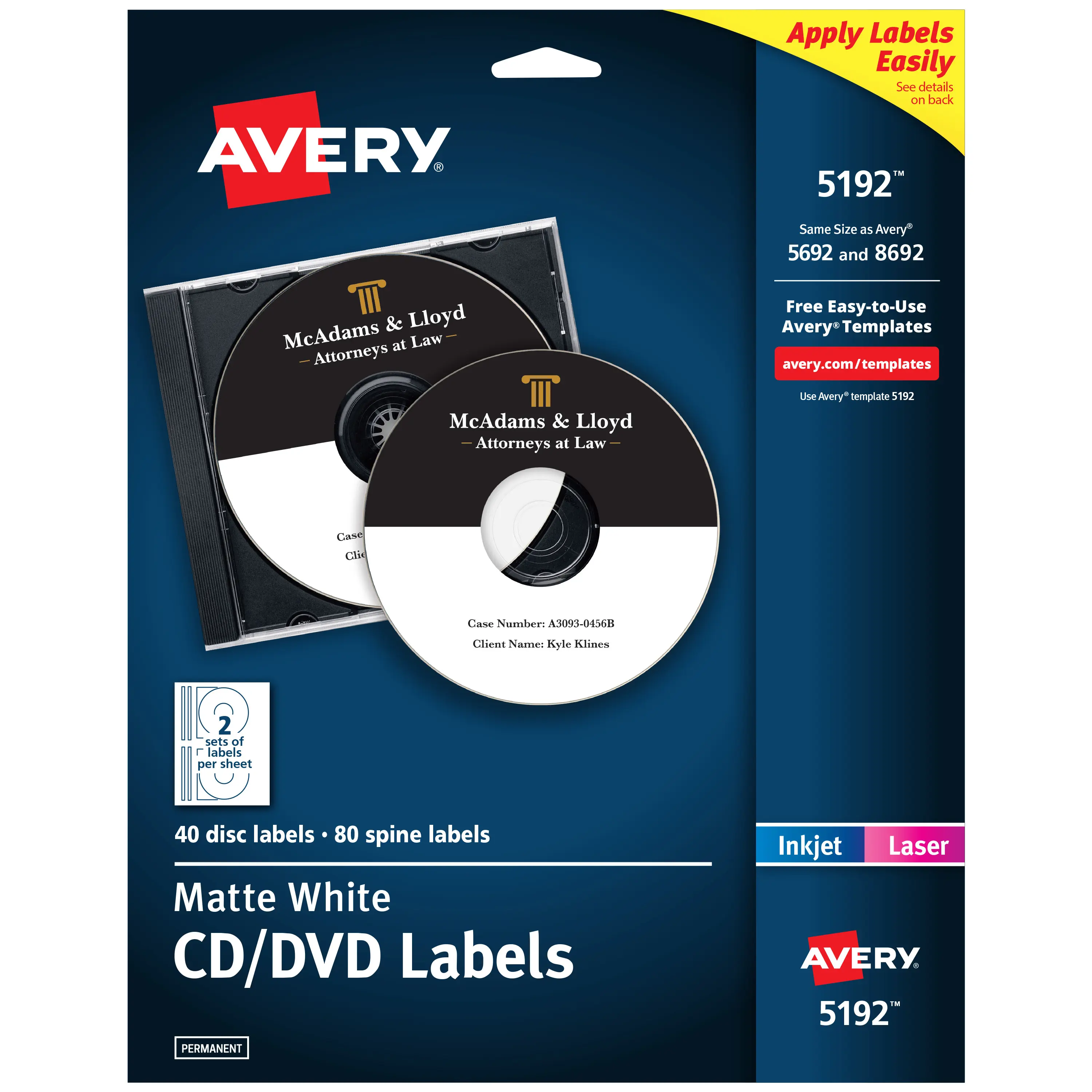 Avery Printable CD Labels, Matte White, Permanent Adhesive, Laser & Inkjet Printers, 40 Blank CD Labels & 80 Spine Labels (5192)