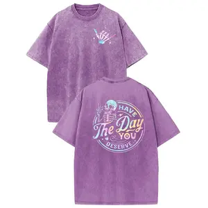 Wayii Fashion Oversize Acid Wash Vintage Skeleton Pattern T-Shirt for Women Comfortable Cotton Tee with Sarcastic Quote Ideal for Sports & Daily Wear