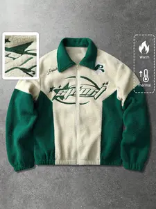 Men's Colorblock Sports Print Graphic Lamb Fur Jacket, Warm Fleece Casual Outerwear, Loose Fit, Urban Street Style Winter Clothing, Fashion Coat