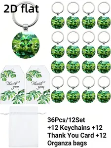 36pcs/12sets Clover Keychains Party Gift Set, 12 Keychains + 12 Drawstring Bags + 12 Thank You Cards, Lucky Clover Design, Holiday Gifts Party favors, Mother's Day/Father's Day, graduation season, Christmas gifts