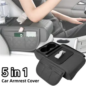 5 in 1 Car Center Console Armrest Cover Pillow, 14.2" x 5.5" x 3" Memory Foam Auto Armrest Box Cover with Cup Holder & Phone Holder & Tissue Box , Waterproof Leather Arm Rest Protector Cushion, Car Accessories Universal for 99% Cars SUVs Trucks Pickup