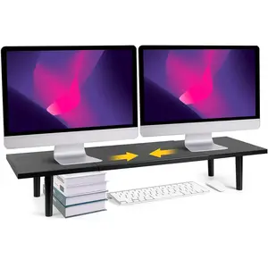 Dual Monitor Stand Riser For Desk Adjustable Length 32-40 Inch, Large Desktop Computer Riser For 2 Screens, Desk Shelf Organizer Stand For Computer Laptop PC Printer TV Black