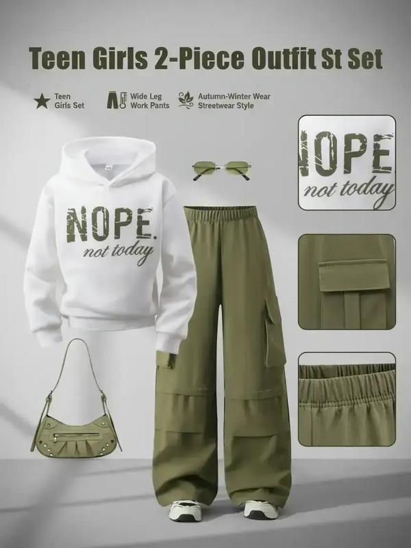 Teen Girls 2 Piece Set Casual Fashion Streetwear, Fleece Long Sleeve Hoodie Top & Wide Leg Work Pants, Fall Winter