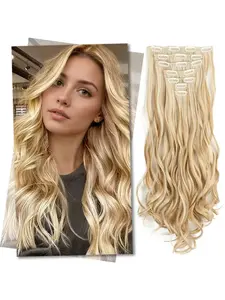 22 Inch Clip In Hair Extensions 7 PCS Long Wavy Synthetic Hair Extension & Natural Soft Invisible Clip Thick Hairpieces for Women Daily( 7pcs, Blonde Mixed Gold)