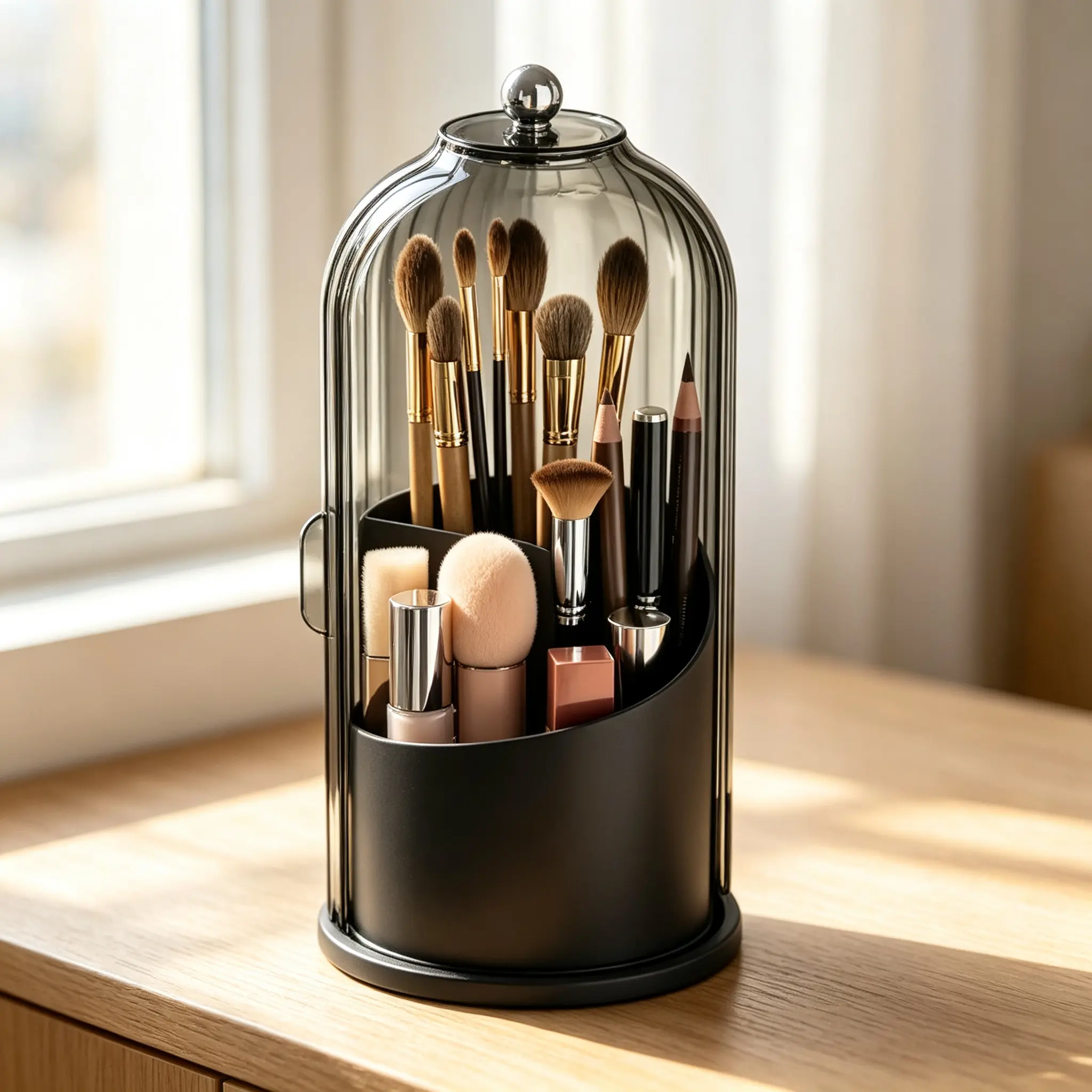 Modern ABS Plastic Rotating Toothbrush Holder Organizer, 360° Swivel Multi-Functional Caddy with Multiple Sections for Makeup Brushes & Toothpaste, Compact Space-Saving Bathroom Vanity Countertop Rack for Apartments