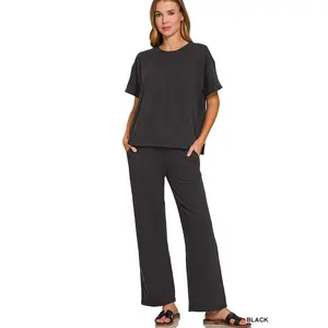 Zenana Slub Short Sleeve T-Shirt and Pants Set