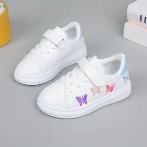 Kids' Casual Sports Sneakers with Colorful Butterfly Design - White, Comfortable Low-Top Shoes for Girls, Elastic Strap Closure, All-Season Wear