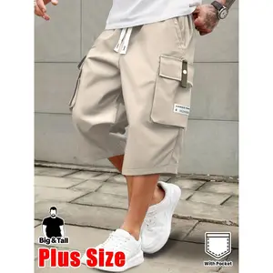 Men's Plus Size Summer Lightweight Cargo Pants – Drawstring Waist with Large Pockets & Letter Patch, Solid Color Regular Fit for Casual & Outdoor Wear – Big & Tall Sizes