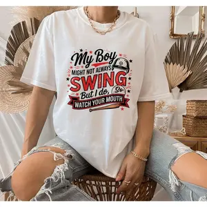 Baseball Mom Shirt, Baseball Dad Shirt,My Boy Might Not Swing But I Do, So Watch Your Mouth, Sport Mom Shirt,Women's Sport Style Tee,Soft Material,Machine Washable Casual Top,