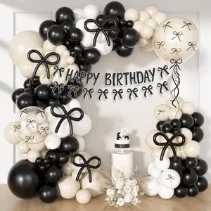 Black Bow Balloon Arch Kit Happy Birthday Banner, 24'' Double Stuffed Clear Balloon with Ribbon Bows Black White Sand Balloons Garland for Women Girls Birthday Party Decorations