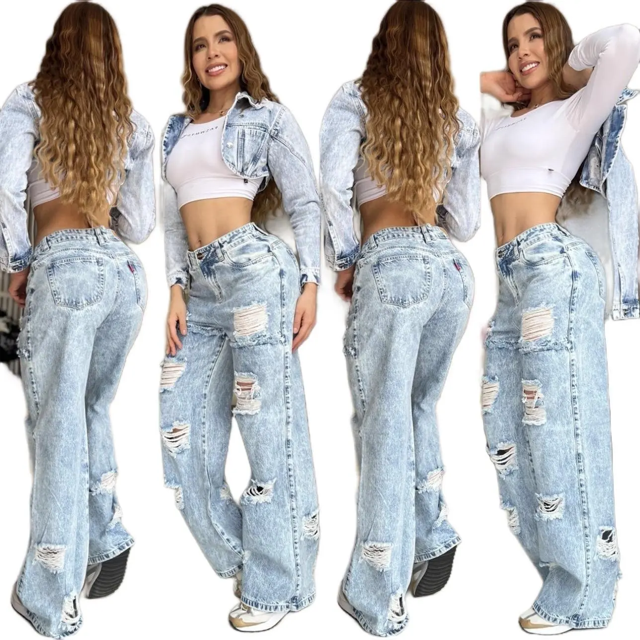 K4137 Premium Colombian Rigid Mom Jeans – Distressed Acid-Wash Denim & Relaxed Fit
