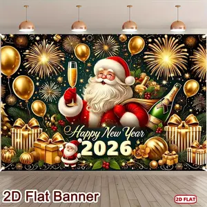 2026 Happy New Year 1-Piece Flat 2D Polyester Banner, 150x100cm Christmas Backdrop with Golden Firework Print & Wine Bottle Design, Festive Party Decor for Indoor/Outdoor Wall Home Use - Noe