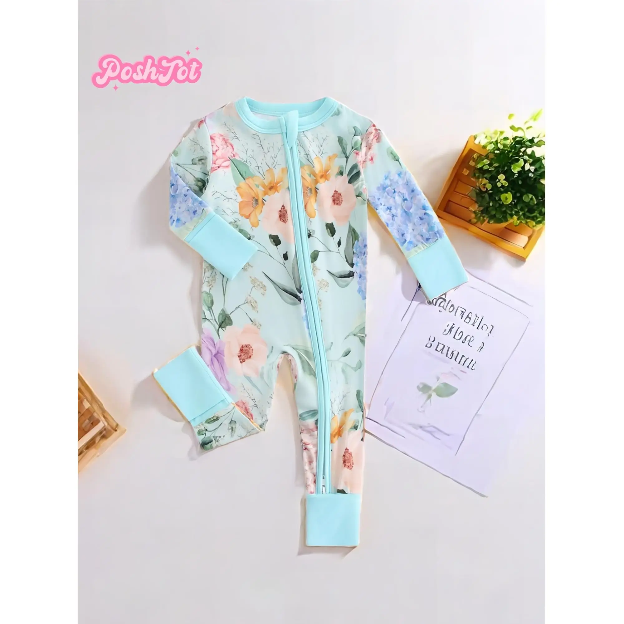 POSHTOT Green flower 220gsm bamboo fiber breathable bamboo baby short sleeve zipper romper bodysuit, lightweight. Easy 2-way zipper, convertible mitte