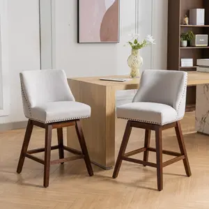 Swivel Upholstered Bar Chairs Set of 2, 26.6" Seat Height with Backrest, Beige Fabric Counter Stools with Solid Wood Base for Kitchen or Home Bar, Beige