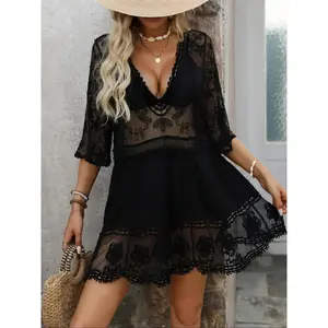 Women's Plants Embroidery Sheer Ruffle Cover Up Dress, Boho 3/4 Sleeve Deep V Neck Mesh Cover Up Dress for Beach Holiday Vacation, Ladies Spring & Fall Clothes, Beach Cover Ups