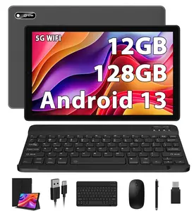 10.1-inch Android 13 Tablet Bundle, 6GB Native RAM (Supporting 12GB Expand) + 128GB ROM, Quad-Core Processor, 8000mAh Battery, Dual-Band WiFi, BT 5.0, Dual Cameras, Keyboard, Mouse, Stylus & Protective Case Included, WiFi-Only Tablet PC for Work, Study