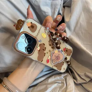 Crystal transparent white light dyed Capibala doll Protective phone case Protector Cover Casing with chain Sensory Phone Decoration Shockproof Cellphone Smartphone for iPhone 11 12 13 14 15 16 pro max Accessories