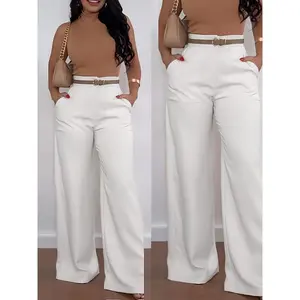 Women's Elegant High-Waist Flare Pants with Pockets - Casual Loose Fit, Machine Washable, Stretch Polyester Blend, Solid White, All-Season Comfort, Perfect for Casual Attire, Comfortable Fashion |   Flowing Fashion |   Smooth Texture