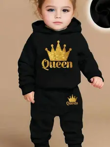 Spring Autumn Baby Girls Cartoon Print Fleece Hoodie and Pants Set, Casual Two-Piece, Hooded Design, Soft, Warm and Cozy, Perfect for Toddlers