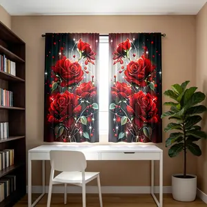 Pack of 2, Red Rose Pattern, Window Decoration Digital Print Curtains, Rod Pocket Design (Rod Not Included), Privacy Protection Curtains, Suitable for Bedroom, Living Room, Kitchen, Study, Dining Room, Home Decor Curtains.
