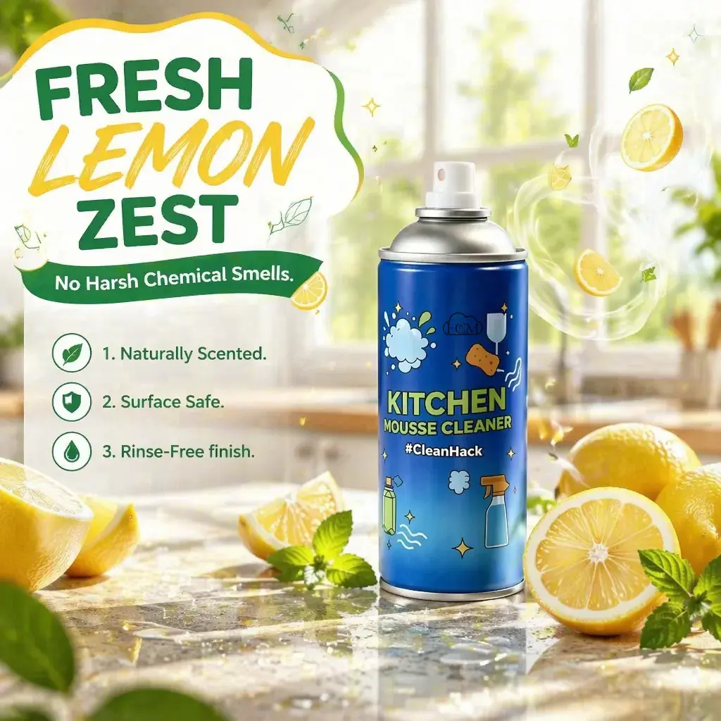 Lemon-Scented Kitchen Mousse Cleaning Spray, Foam Remover for Heavy Grease and Burned Stains