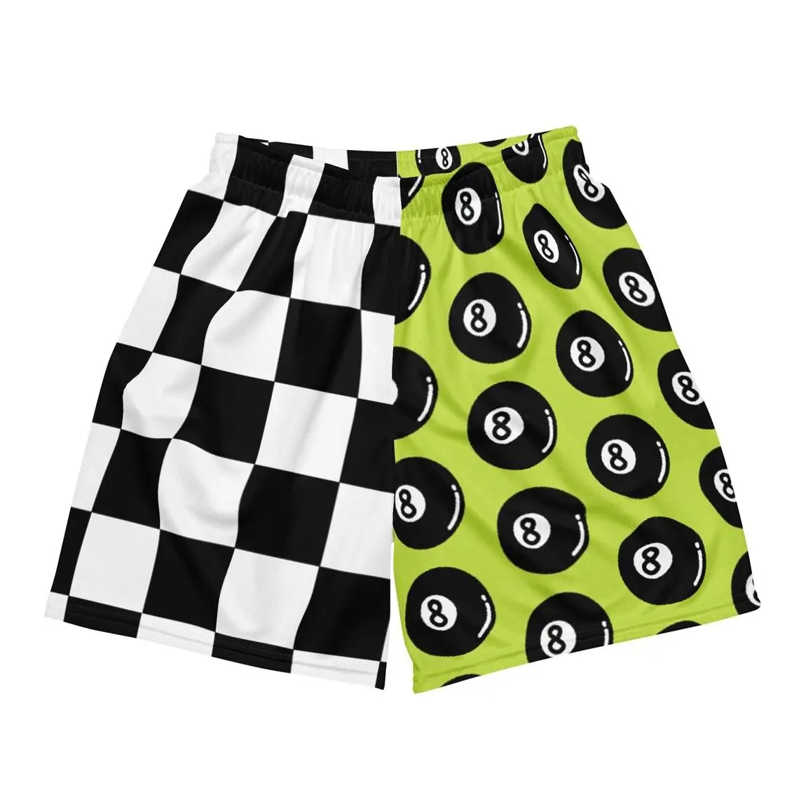 Checkerboard & Green 8 Ball Unisex Mesh Shorts, Black White Checker Shorts, Streetwear Athletic Shorts, Y2K Skate Style, Festival Outfit