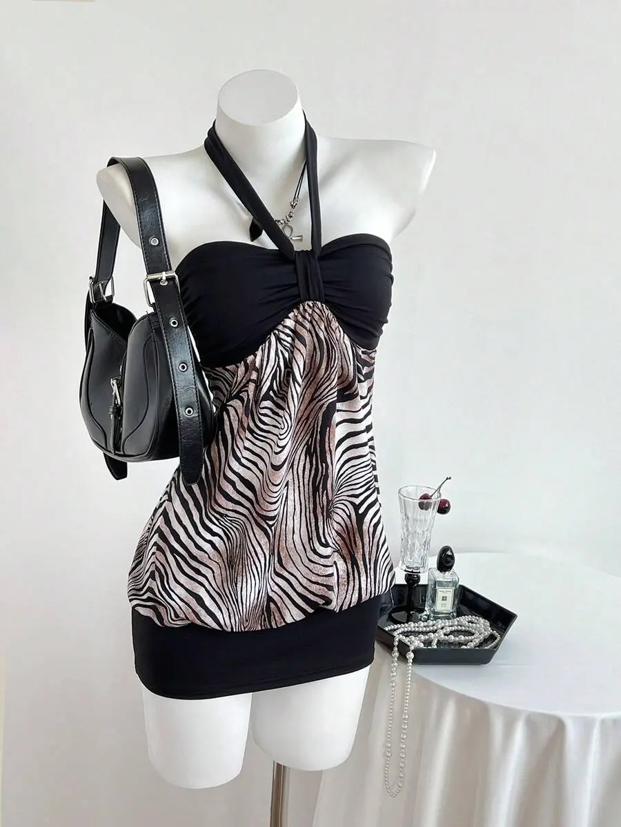 MALINDA Women's Pleated Halter Neck Back Strap Bow Tie Patchwork Clash Color Leopard Stripe Vacation Casual Sexy Dress