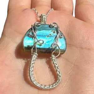 Sterling Silver Wire Wrapped Full Flash Labradorite Top Crystal Mushroom Pendant