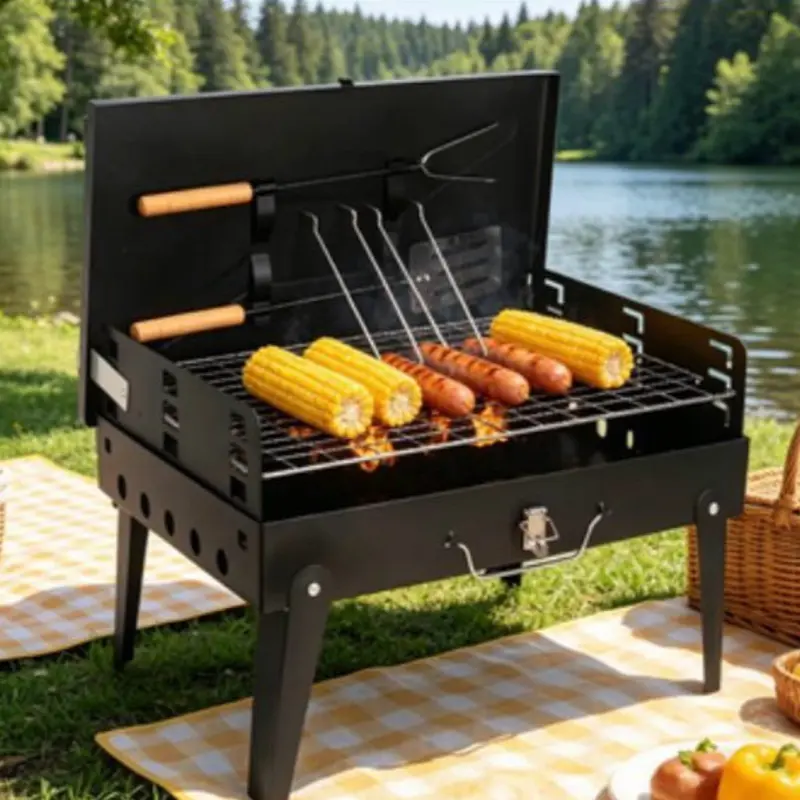 Sturdy Stainless Steel Foldable Portable Charcoal-Wood BBQ Grill with Handles, Essential Outdoor Gadget for Summer 2026, Camping & Road Trips
