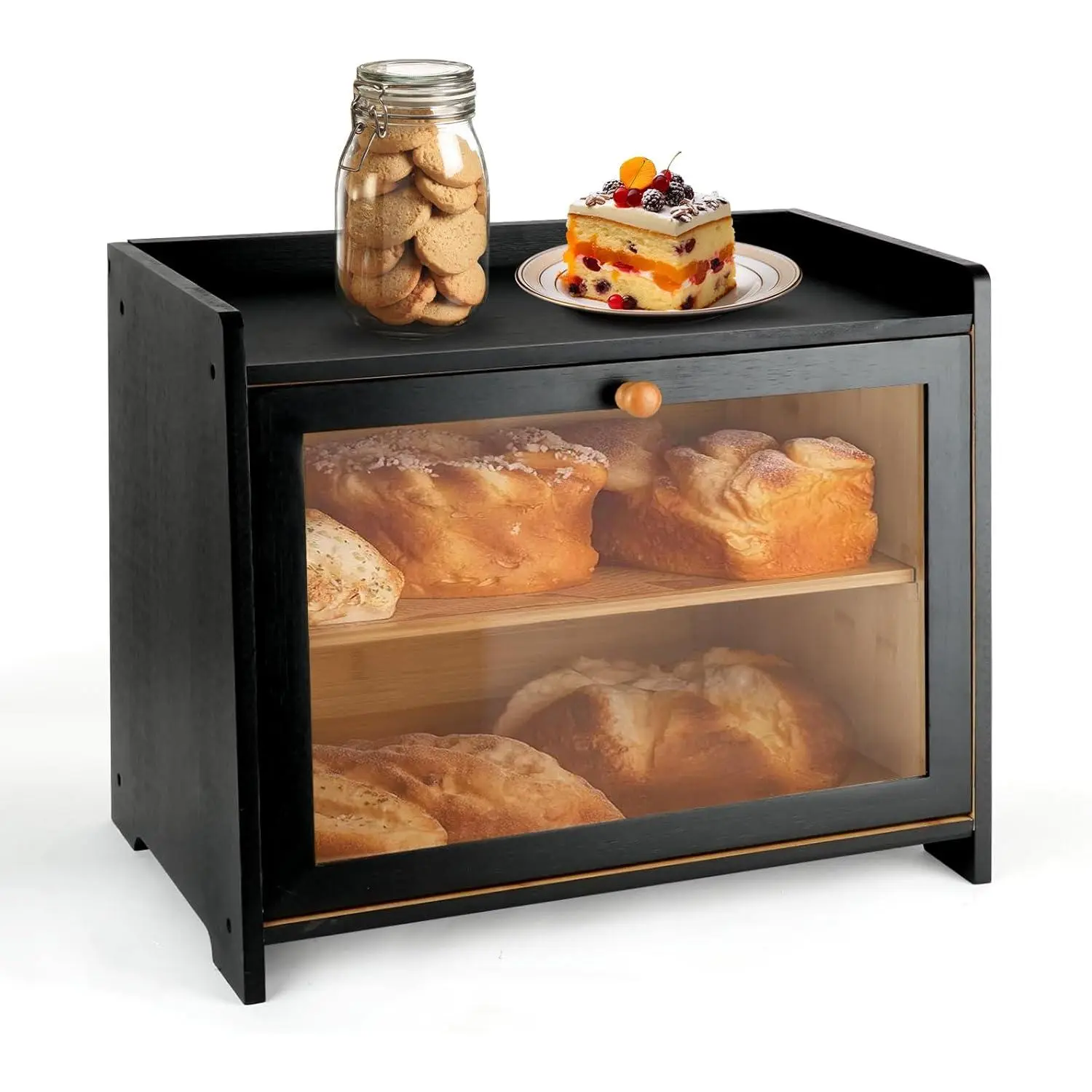 Sturdy Black Bamboo Double-Layer Bread Bin with Transparent Acrylic Window, Cutting Board & High-Capacity Wood Storage - Rustic Kitchen Accessories, Food Preserving Container for Countertop Pantry Cabinet