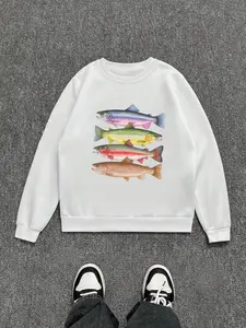 Abstract Colorful Trout Graphic Fleece Pullover Hoodie, Vintage River Fish Design, Unisex Casual Winter Wear, Boho Style Round Neck Sweatshirt