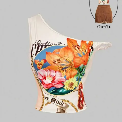 Floral One Shoulder Crop Top Vintage Vacation Style Casual Chic Sleeveless Graphic Floral Print Asymmetrical Cut for Women Beach Trips Brunch Dates Asymmetrical Sleeveless Design