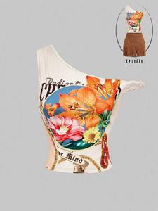 Women's Y2K Floral One-Shoulder Crop Top, Vintage Streetwear Fitted Summer Vest, Perfect for Daily Wear